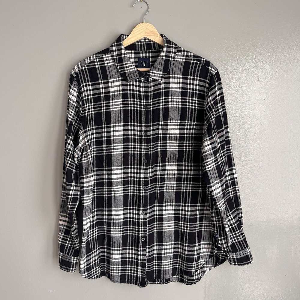 Gap Plaid Flannel Button Shirt Long Sleeve Black White Lightweight Large